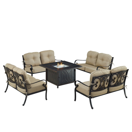 Black Aluminum Fire Table Set with Four Deep Seating Loveseat with Cushions - Sharicks