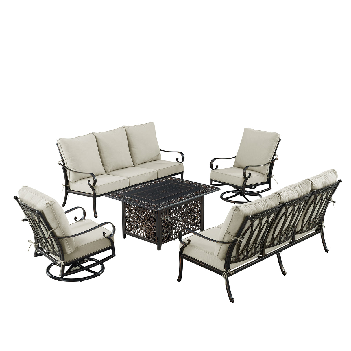 Black Aluminum Fire Table Set with Two Sofas and Two Club Chairs