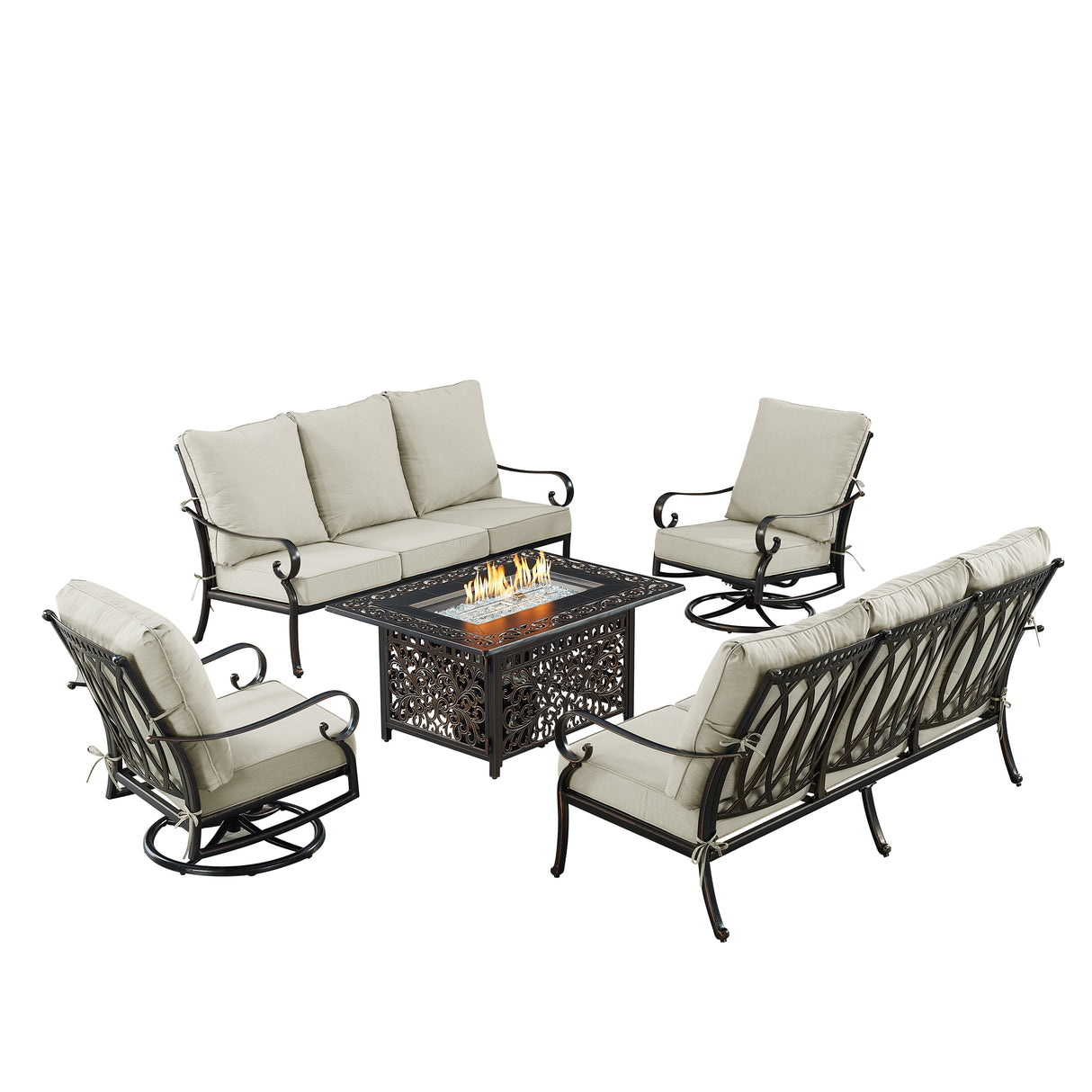 Black Aluminum Fire Table Set with Two Sofas and Two Club Chairs