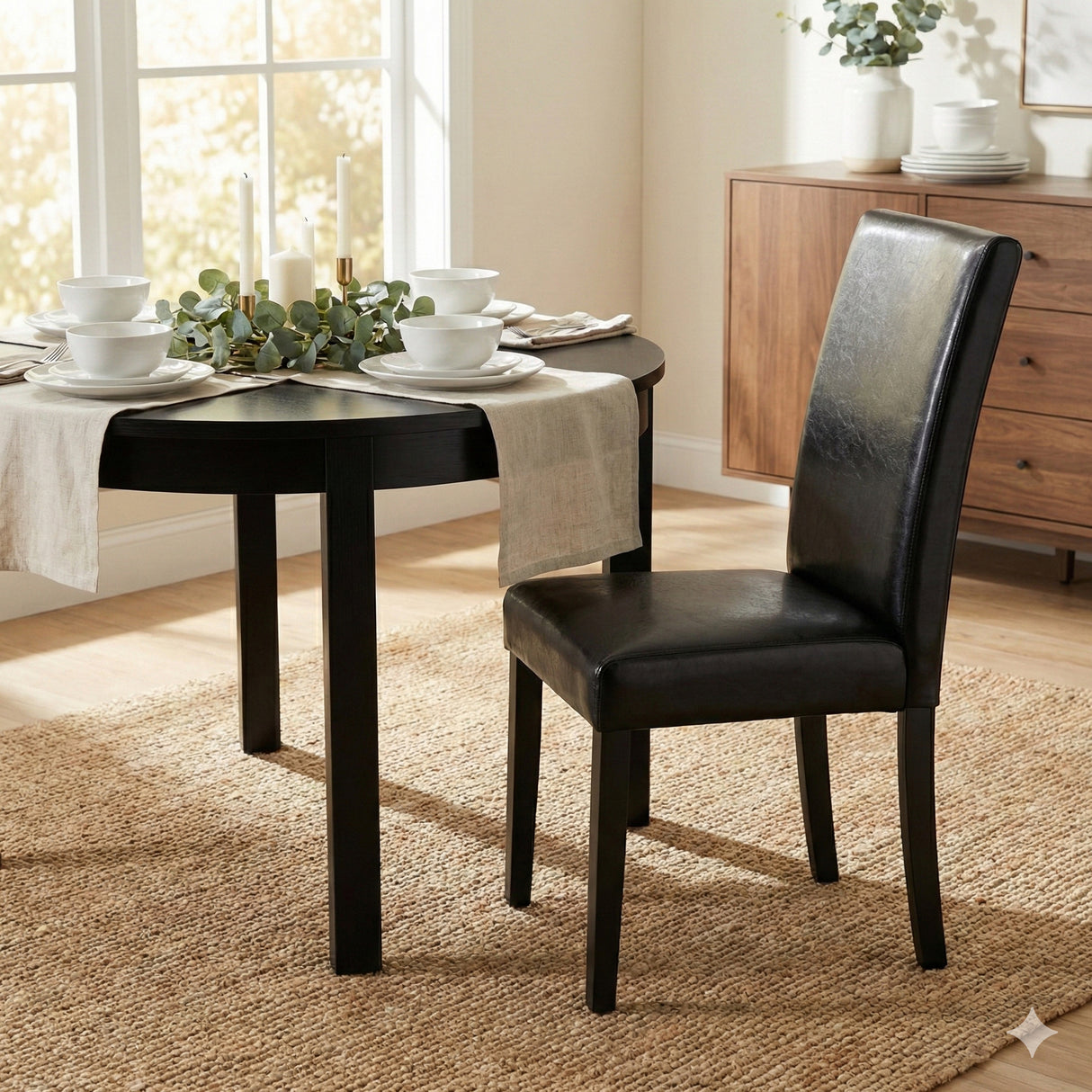 Modern 7-Piece 59 Inch Rectangular Dining Set, Black Finish with Black PU Leather Upholstered Chairs, Solid Rubberwood