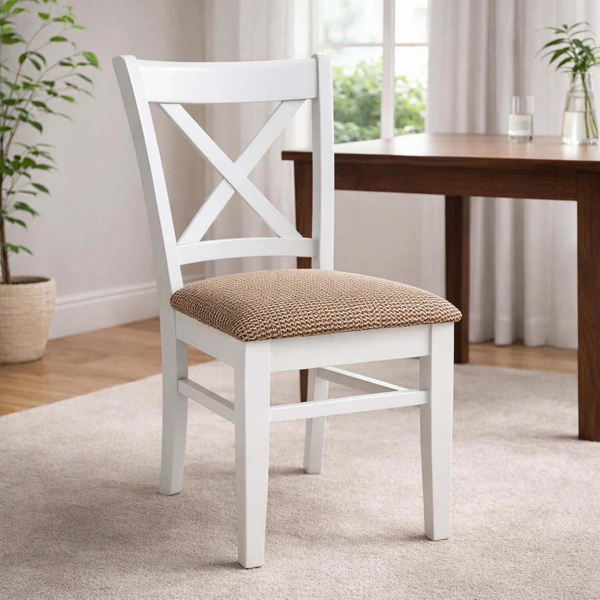 Farmhouse 7-Piece Inch Oval Extendable Dining Set, White Finish with Brown Polyester Upholstered Chairs, Solid Rubberwood