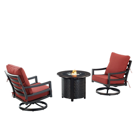 Black Aluminum Fire Table Bistro Set with Two Club Chairs