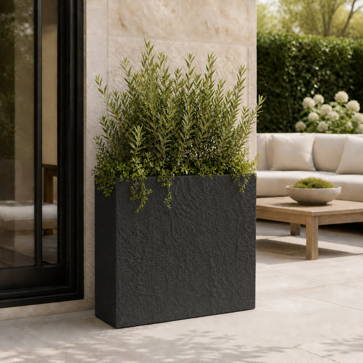 Rock Texture Rectangular Polystone Planter Box, Black