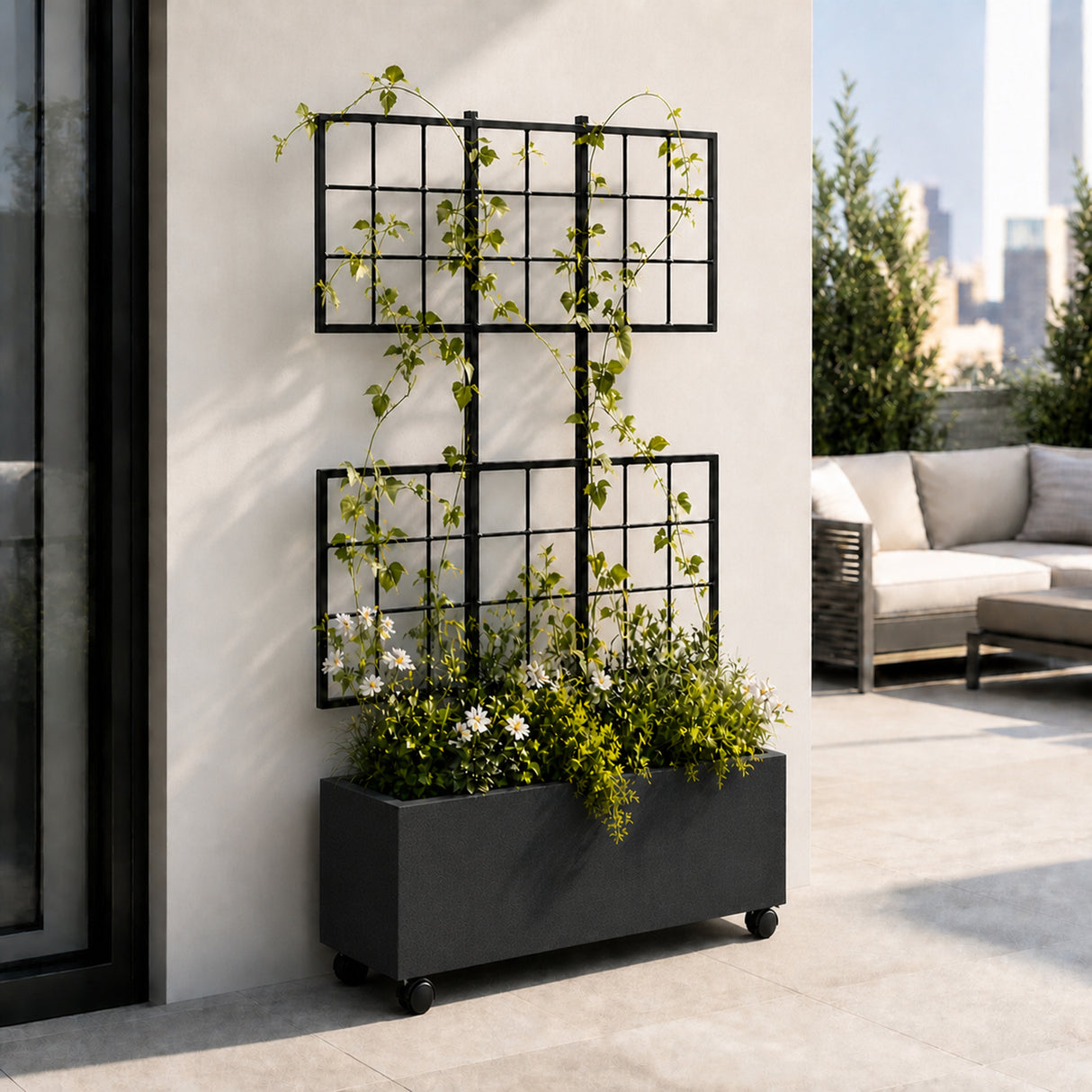 Smooth Rectangular Polystone Planter with Steel Trellis and Wheels, Black