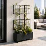 Smooth Rectangular Polystone Planter with Steel Trellis and Wheels, Black