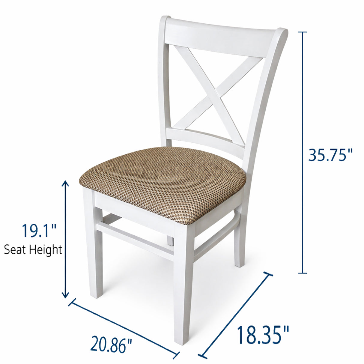Farmhouse Dining Chairs, Set of 2, White Finish with Brown Polyester Upholstered Seats Solid Rubberwood