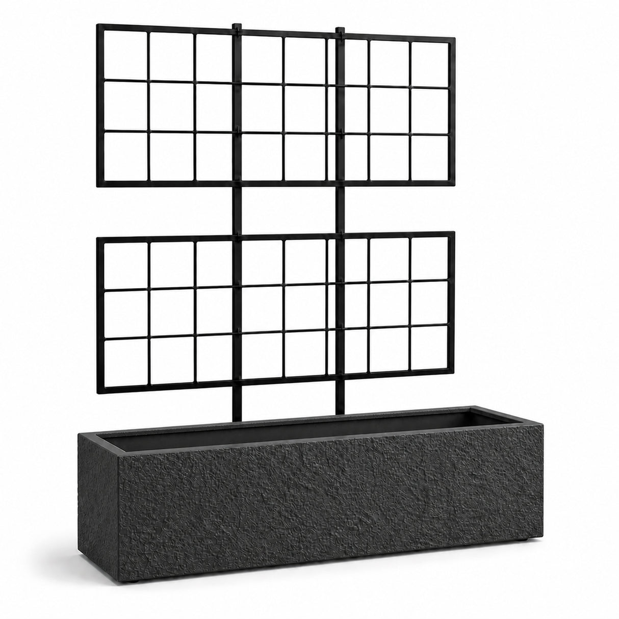 Rock Texture Rectangular Polystone Planter with Steel Trellis, Black