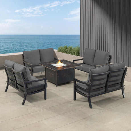 Black Aluminum Fire Table Set with Four Deep Seating Loveseats - Sharicks