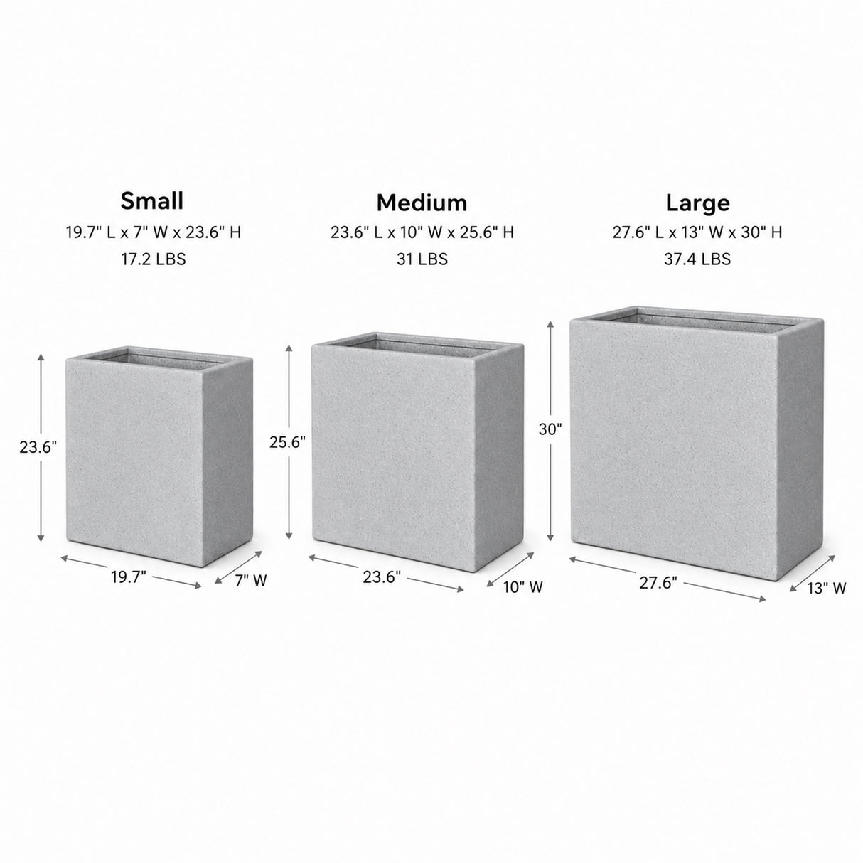 Set of 3 Rectangular Polystone Indoor/Outdoor Planters, Gray