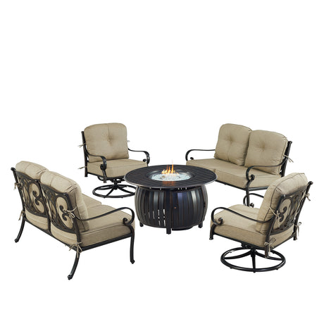 Black Aluminum Fire Table Set with Two Deep Seating Loveseat with Cushions and Two Club Chairs - Sharicks