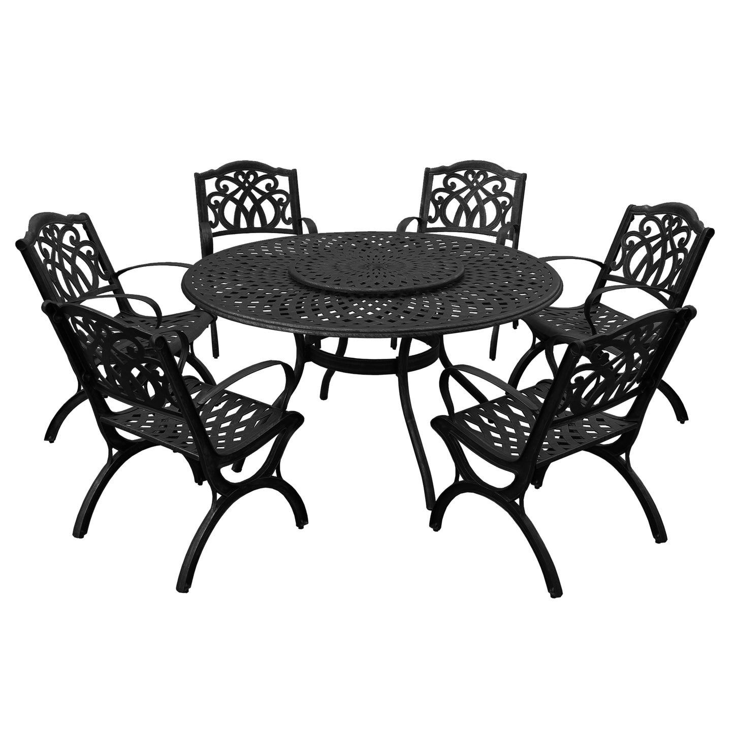 Outdoor Aluminum 7pc Round Patio Dining Set, Lazy Susan, Six Chairs