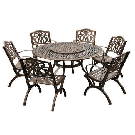 Outdoor Aluminum 7pc Round Patio Dining Set, Lazy Susan, Six Chairs - Sharicks