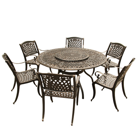 Outdoor Aluminum 7pc Round Patio Dining Set, Lazy Susan, Six Chairs - Sharicks