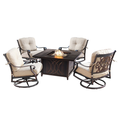 Aluminum 42-in Square Patio Fire Table Set with Swivel Rocking Chairs - Sharicks