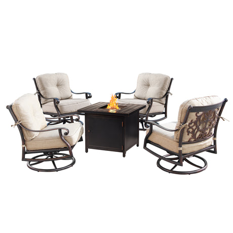 Aluminum 32-in Square Patio Fire Table Set with Swivel Rocking Chairs - Sharicks