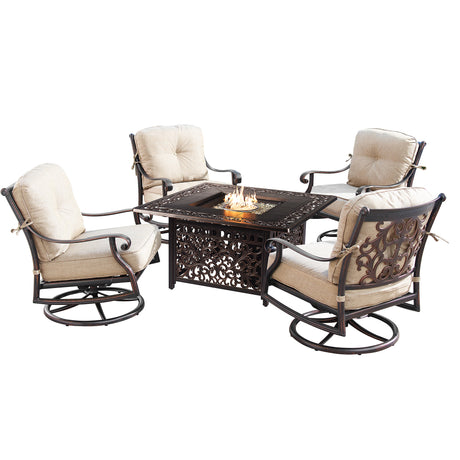 Aluminum 42-in Square Patio Fire Table Set with Swivel Rocking Chairs - Sharicks