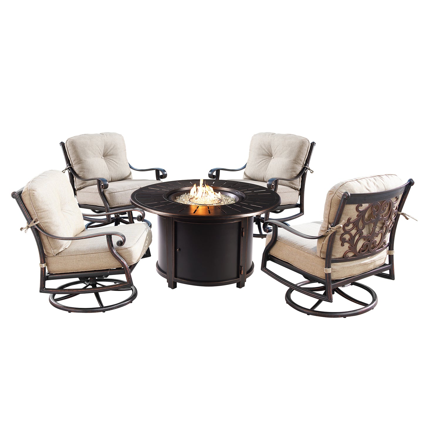 Aluminum 44-in Round Patio Fire Table Set with Swivel Rocking Chairs