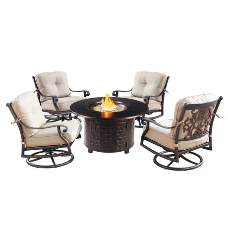 Aluminum 44-in Round Patio Fire Table Set with Swivel Rocking Chairs - Sharicks