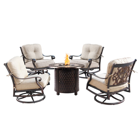 Aluminum 34-in Round Patio Fire Table Set with Swivel Rocking Chairs - Sharicks