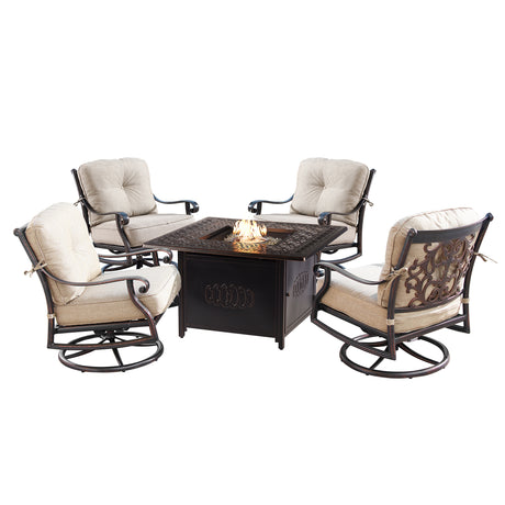 Aluminum 42-in Square Patio Fire Table Set with Swivel Rocking Chairs - Sharicks