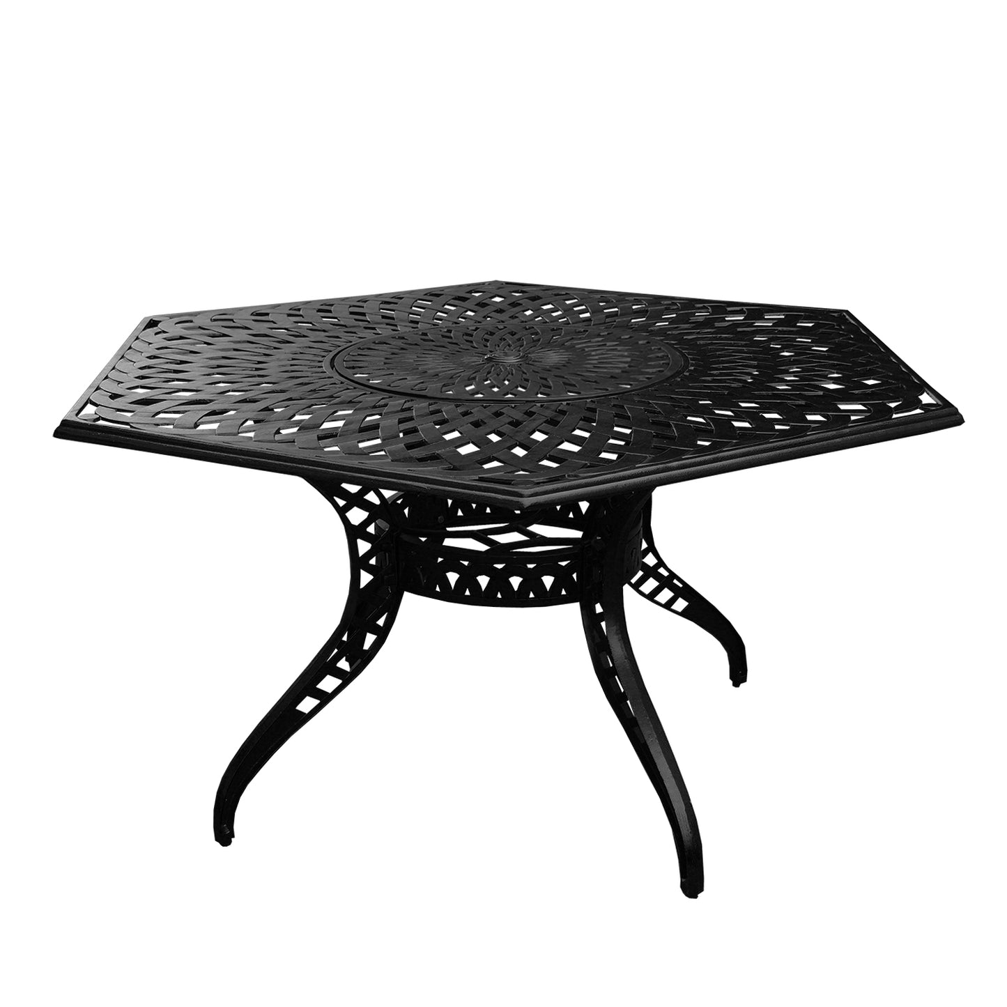 Aluminum 7pc Black Hexagon Patio Dining Set, Lazy Susan, Six Chairs