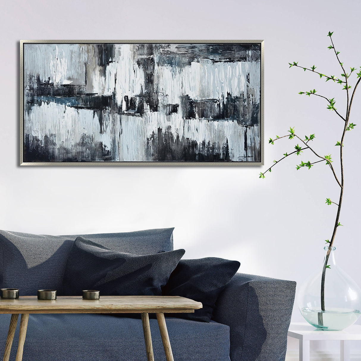 Hand Painted Acrylic Wall Art Black and Grey Abstract on a 59 x 30 Rectangular Canvas with a Silver Wooden Frame