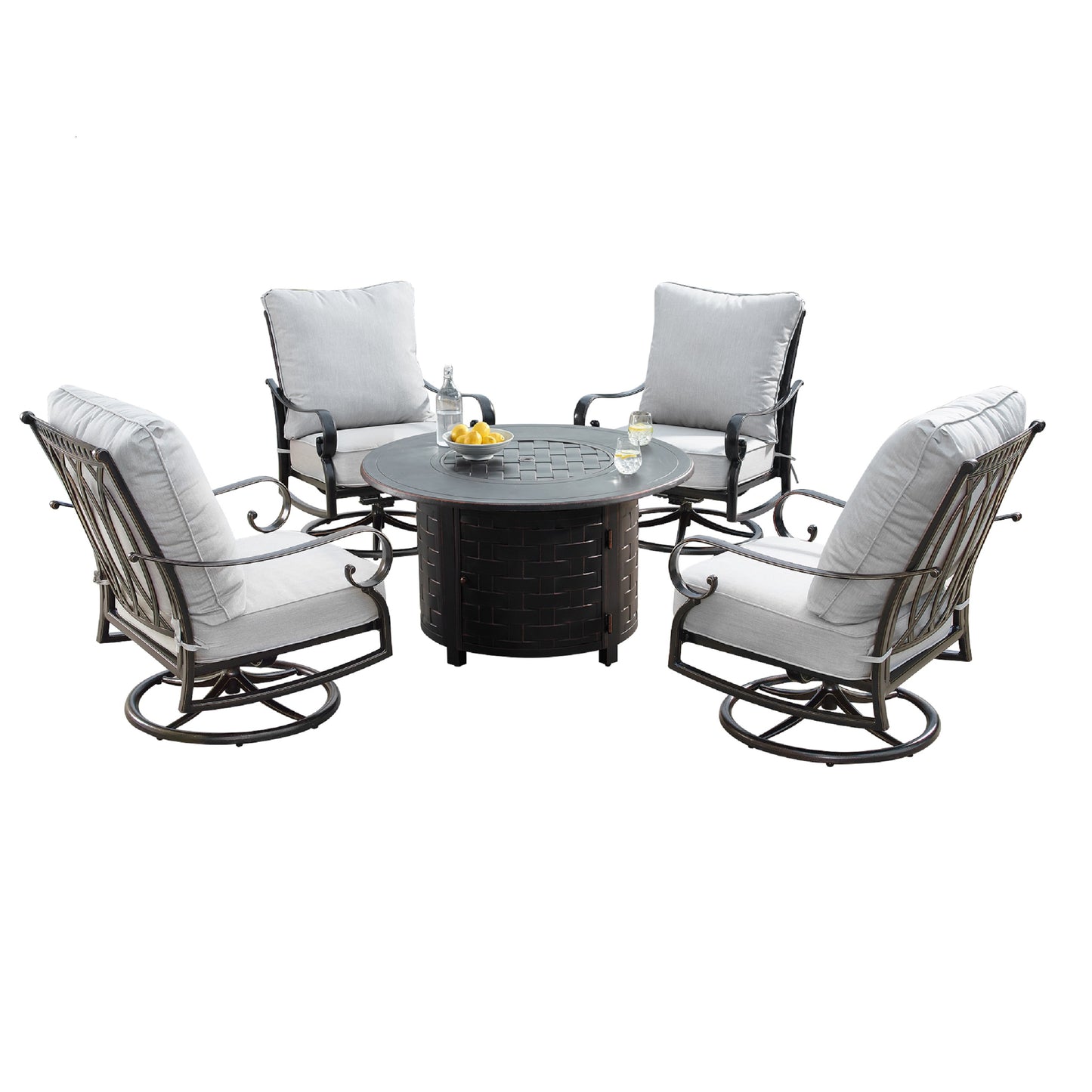 Aluminum 44-in Round Patio Fire Table Set with Swivel Rocking Chairs