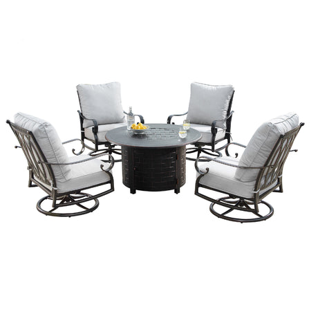 Aluminum 44-in Round Patio Fire Table Set with Swivel Rocking Chairs - Sharicks