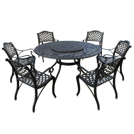 Aluminum 7pc Black Round Patio Dining Set, Lazy Susan, Six Chairs - Sharicks