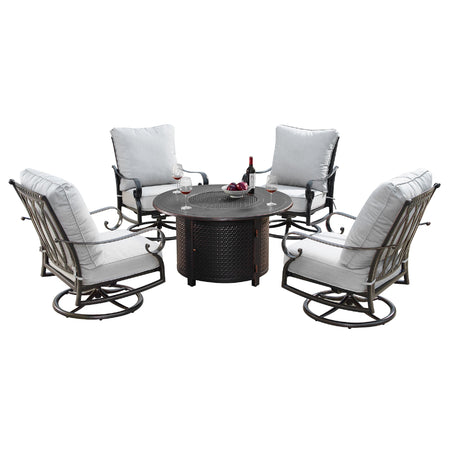 Aluminum 44-in Round Patio Fire Table Set with Swivel Rocking Chairs - Sharicks