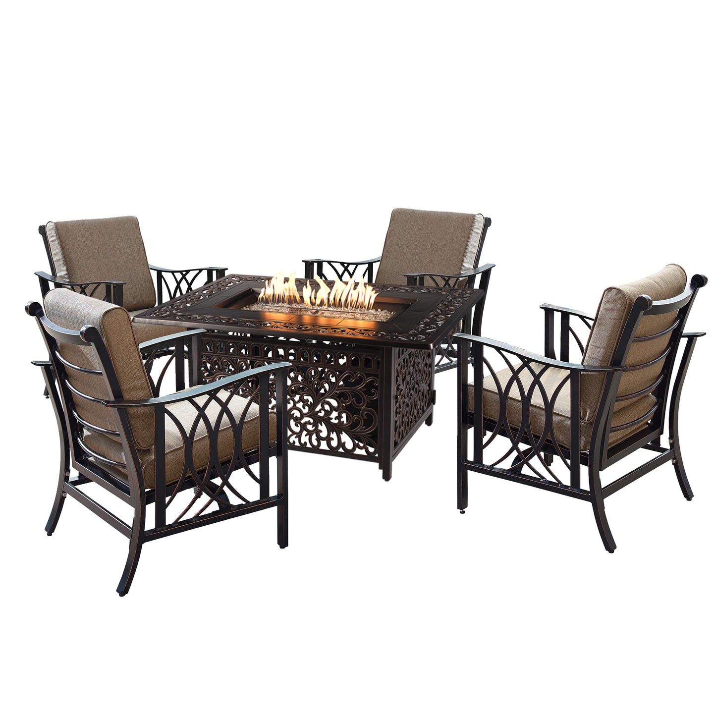 Aluminum 48-in Rectangular Patio Fire Table Set with Rocking Chairs