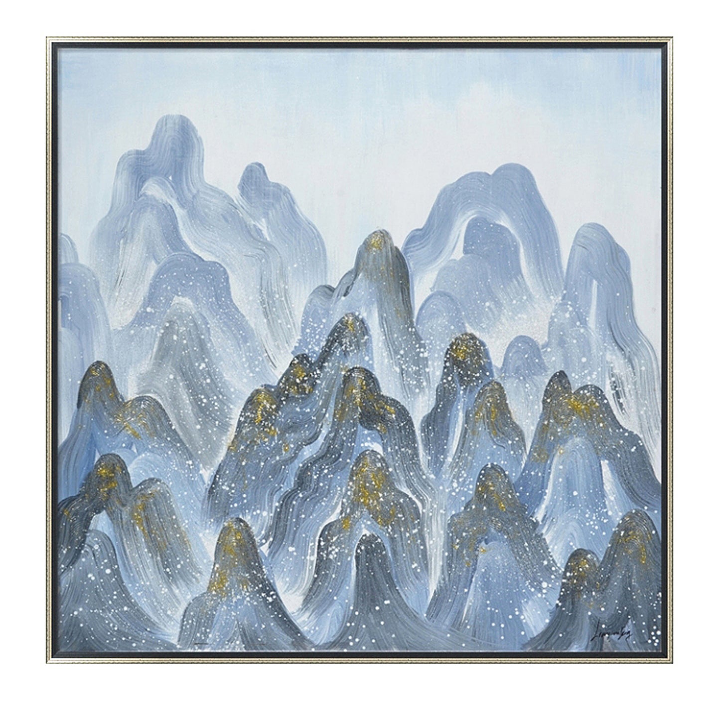 Hand Painted Acrylic Wall Art Blue Mountains on a 39 x 39 Square Canvas with a Silver Wooden Frame