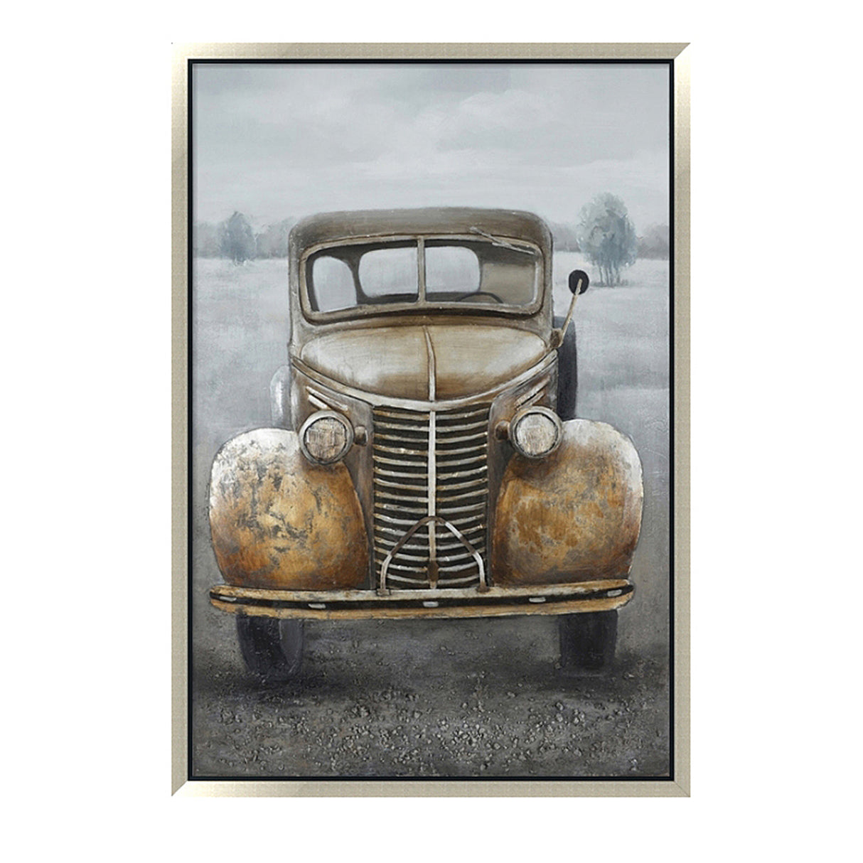 Hand Painted Acrylic and Aluminum 3D Wall Art Vintage Truck 39 x 59 Rectangular Canvas with a Grey Wooden Frame