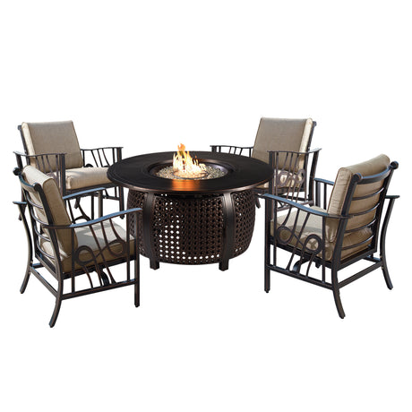 Aluminum 44-in Round Antique Copper Fire Table Set with Rocking Chairs - Sharicks