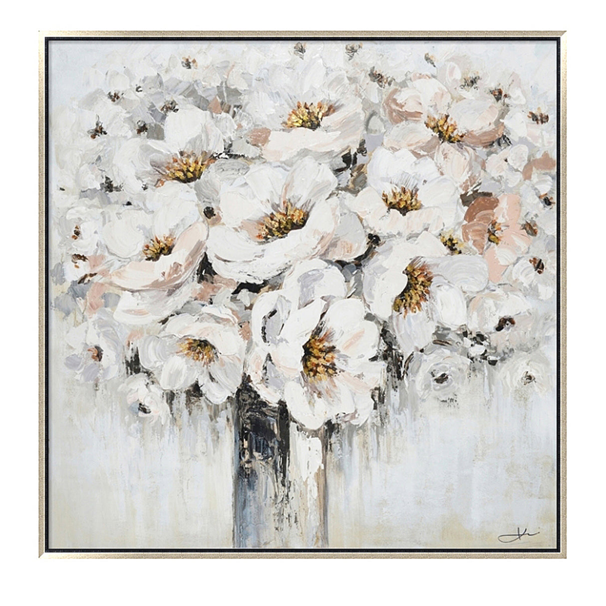 Hand Painted Acrylic Wall Art White Bouquet in Vase on a 39 x 39 Square Canvas with a Champagne Wooden Frame