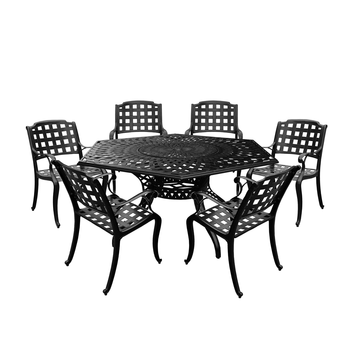 Aluminum 7pc Black Hexagon Patio Dining Set, Lazy Susan, Six Chairs