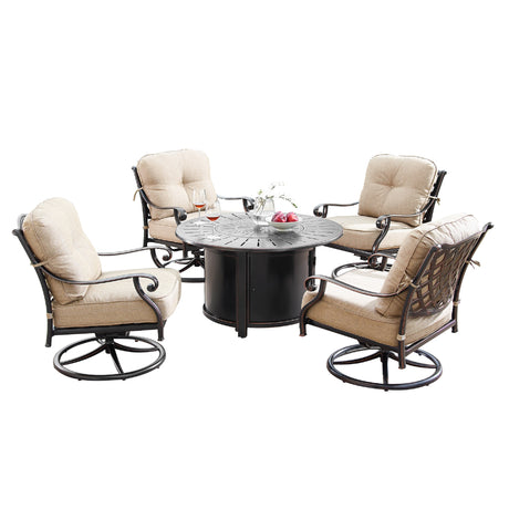 Aluminum 44-in Round Patio Fire Table Set with Swivel Rocking Chairs - Sharicks