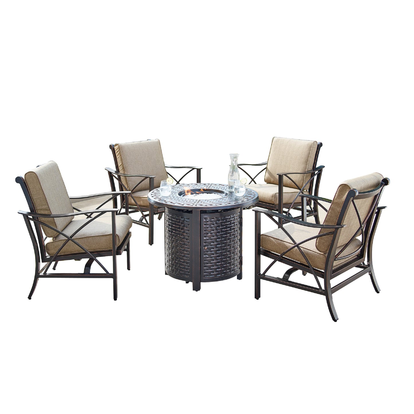 Aluminum 34-in Round Antique Copper Fire Table Set with Rocking Chairs