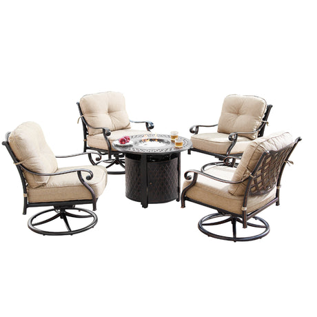 Aluminum 34-in Round Patio Fire Table Set with Swivel Rocking Chairs - Sharicks