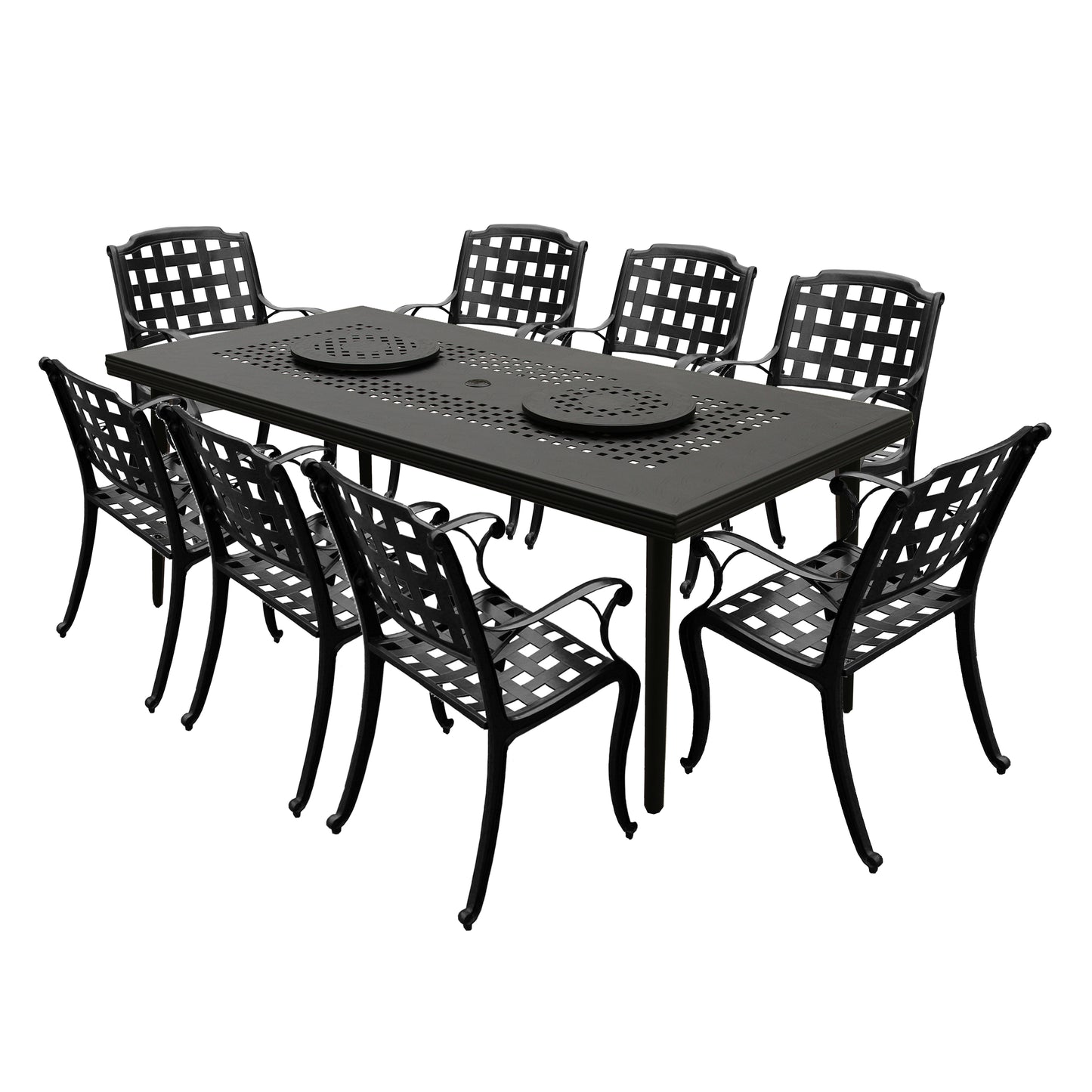 Aluminum 9pc Rectangular Patio Dining Set, Lazy Susans, Eight Chairs