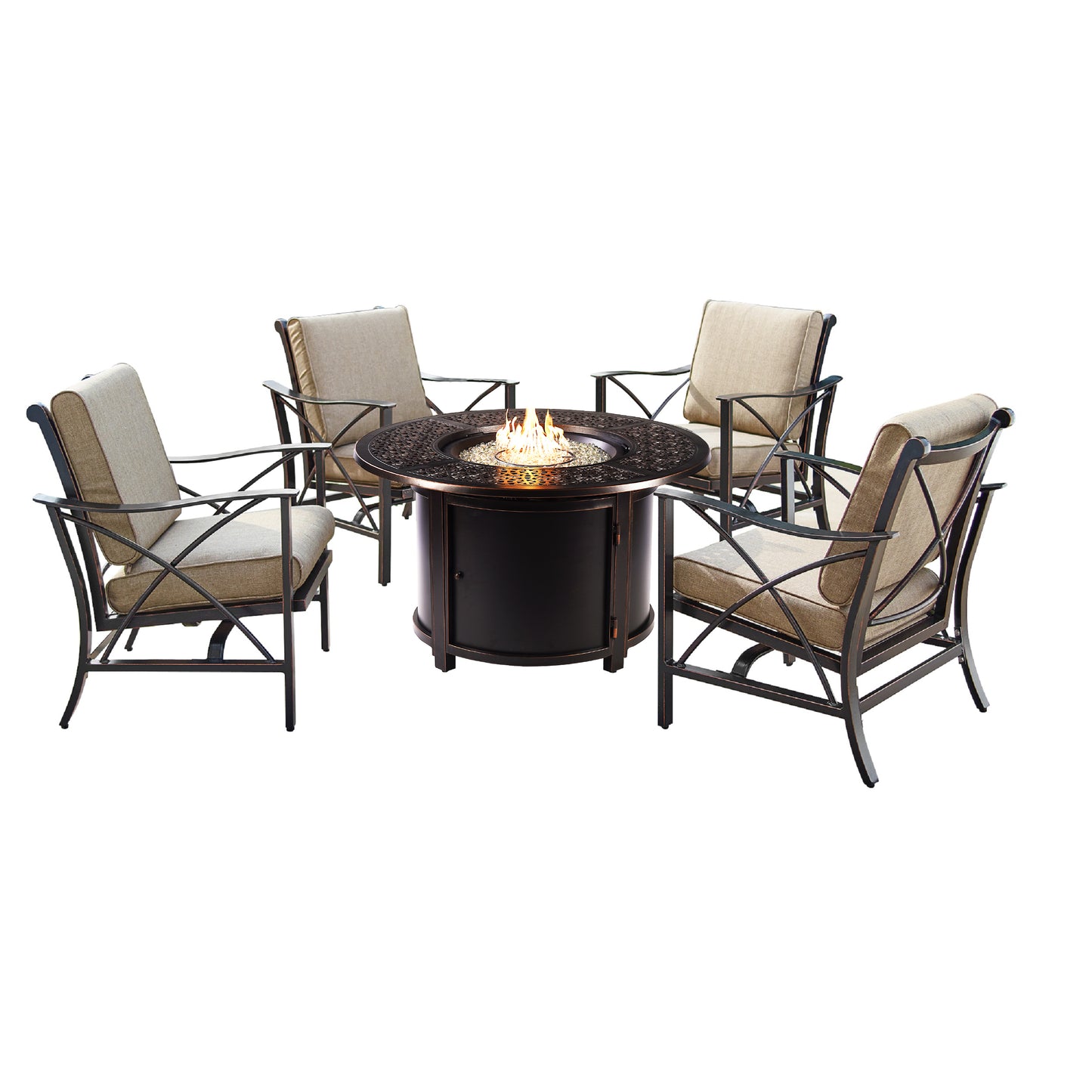 Aluminum 44-in Round Antique Copper Fire Table Set with Rocking Chairs