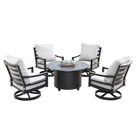 Aluminum 44-in Round Patio Fire Table Set with Swivel Rocking Chairs - Sharicks