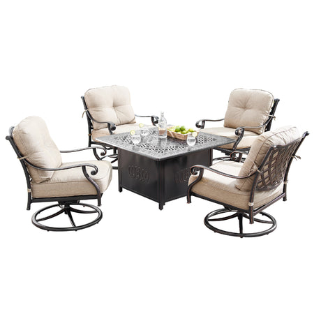 Aluminum 42-in Square Patio Fire Table Set with Swivel Rocking Chairs - Sharicks