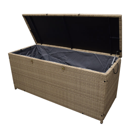 Tan Wicker Patio Deck Box with 113 Gallon Storage and Metal Frame