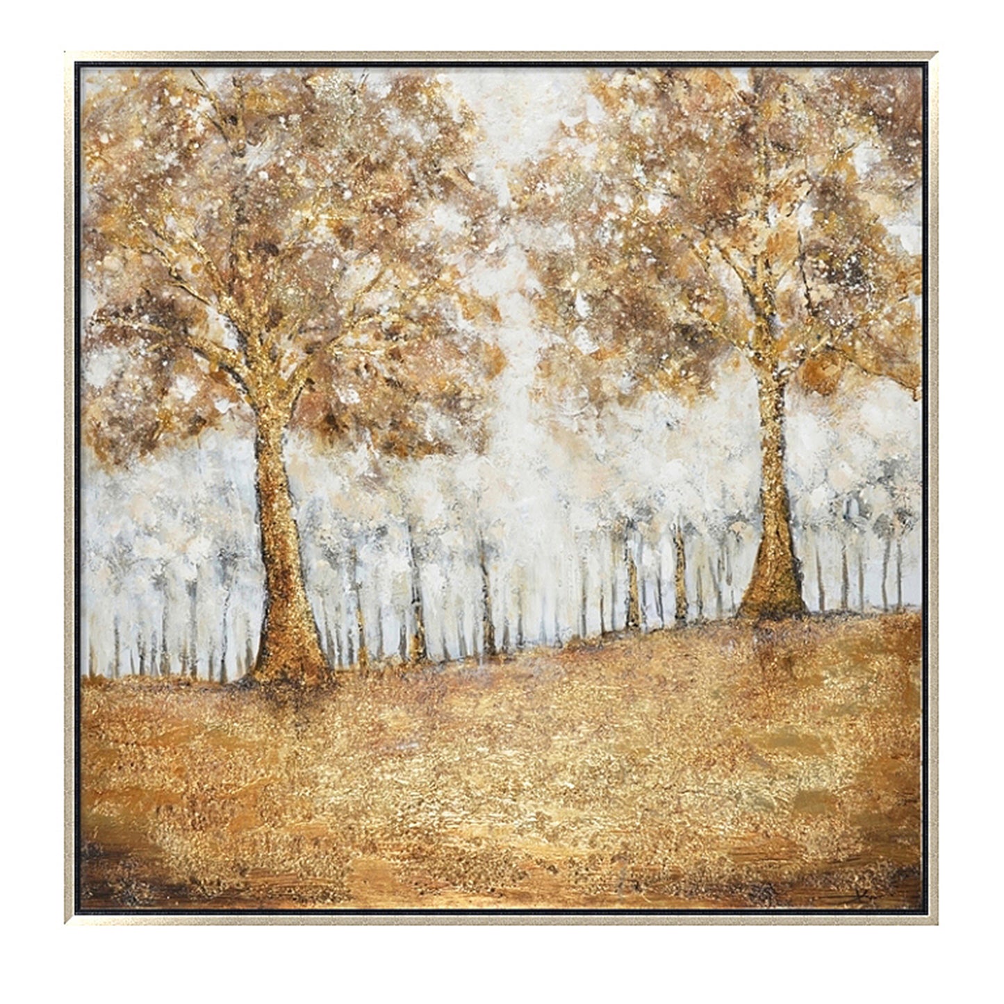 Hand Painted Acrylic Wall Art Golden Forrest on a 39 x 39 Square Canvas with a Champagne Wooden Frame