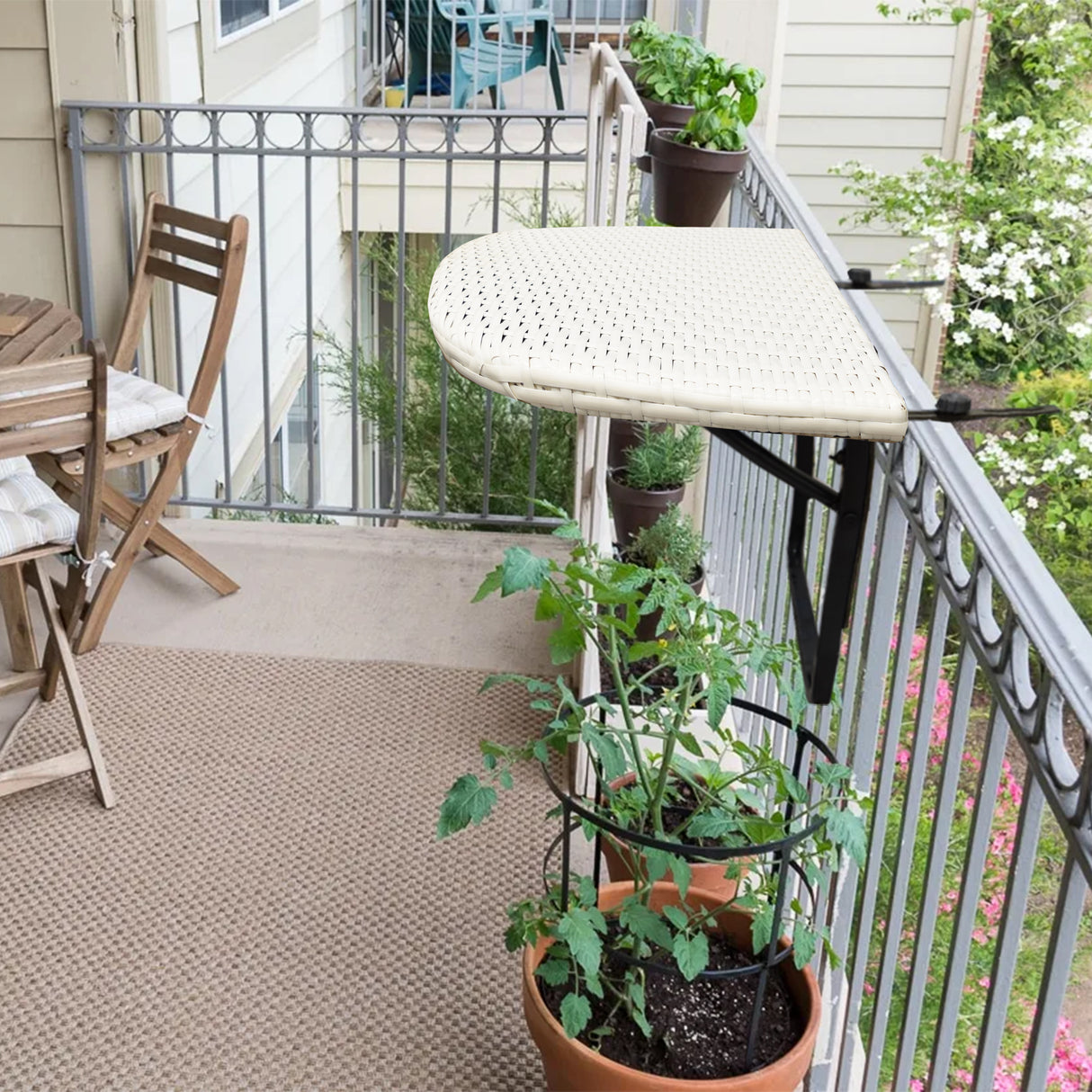 White Wicker Foldable Patio Balcony Table with Adjustable Clamps