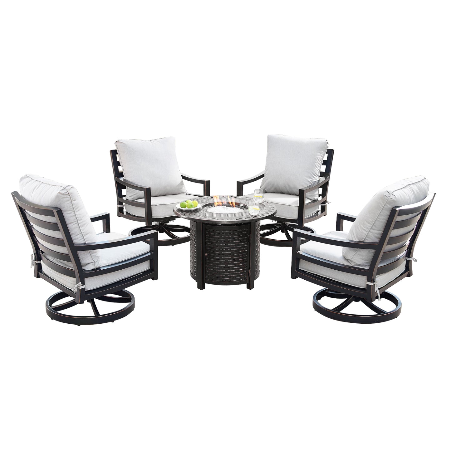 Aluminum 34-in Round Patio Fire Table Set with Swivel Rocking Chairs