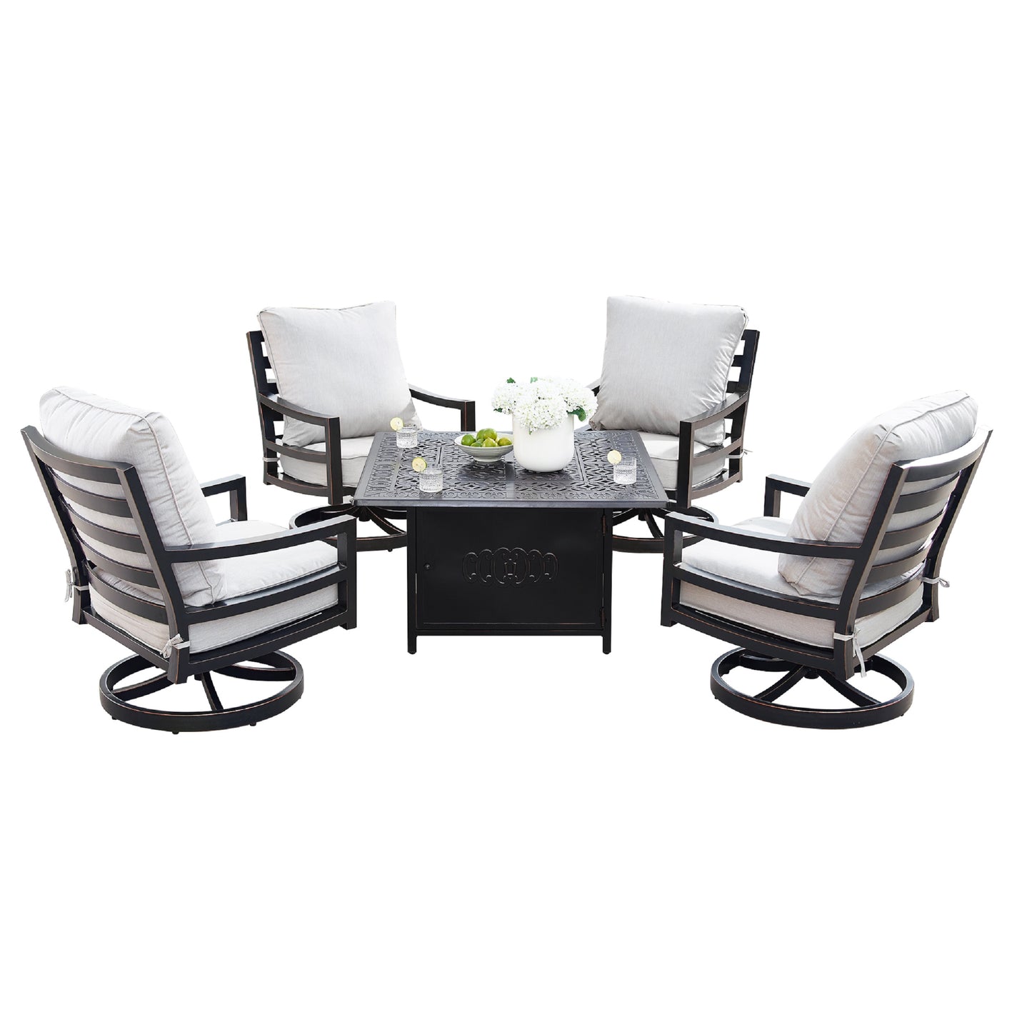 Aluminum 42-in Square Patio Fire Table Set with Swivel Rocking Chairs