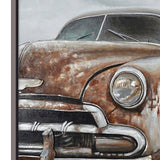 Hand Painted Acrylic and Aluminum 3D Wall Art Vintage Car 47 x 59 Rectangular Canvas with a Dark Brown Wooden Frame