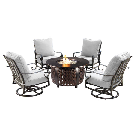 Aluminum 44-in Round Patio Fire Table Set with Swivel Rocking Chairs - Sharicks